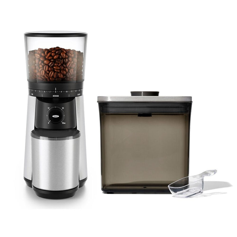 Conical Burr Coffee Grinder & Steel Coffee POP Container (1.7 Qt) with Scoop Bundle X1