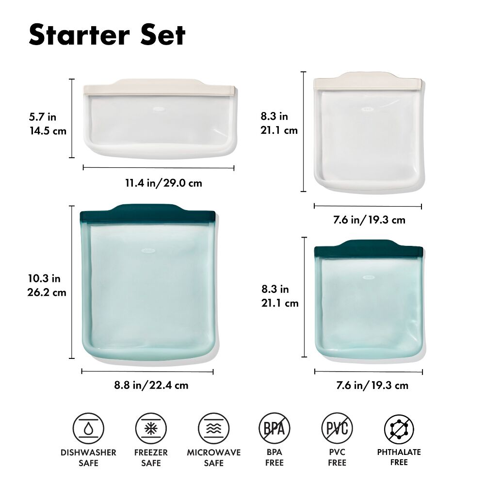 Silicone Reusable Bag - 4 Piece Starter Set - Oat/Lagoon B0